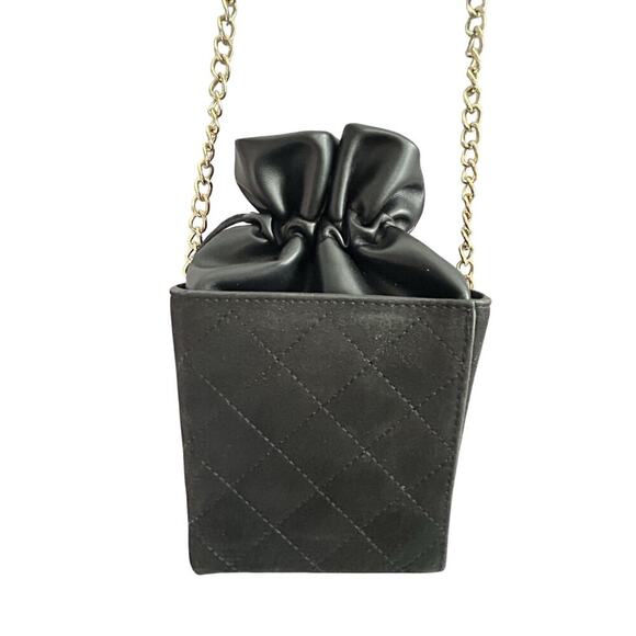 Quilted Mini Drawstring Shoulder Bag Black Pouch Gold Chain Crossbody - Picture 9 of 16